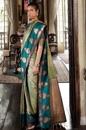 green ethnic motifs embroidered designer saree