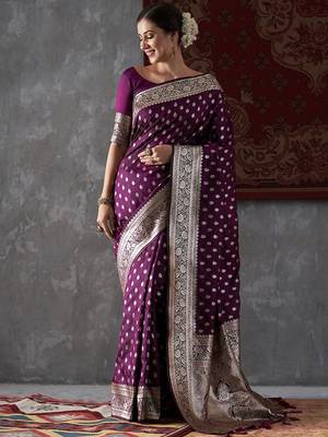 purple ethnic motifs woven design zari kanjeevaram silk blend saree 1