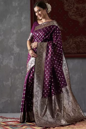 purple ethnic motifs woven design zari kanjeevaram silk blend saree