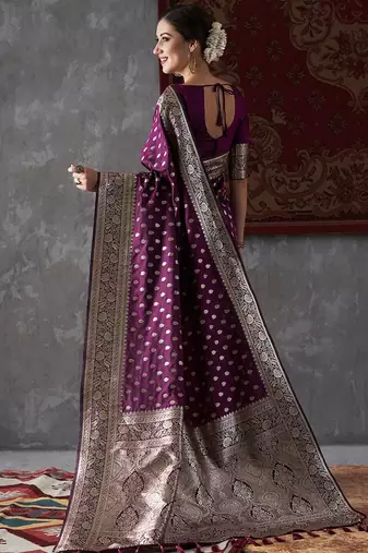 purple ethnic motifs woven design zari kanjeevaram silk blend saree