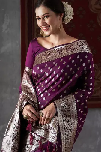purple ethnic motifs woven design zari kanjeevaram silk blend saree