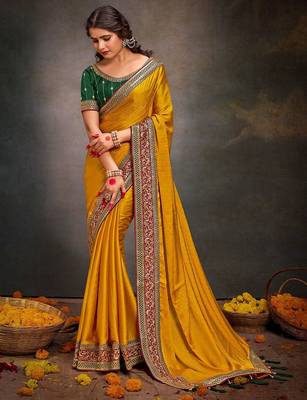 yellow ethnic motifs heavy work saree 2