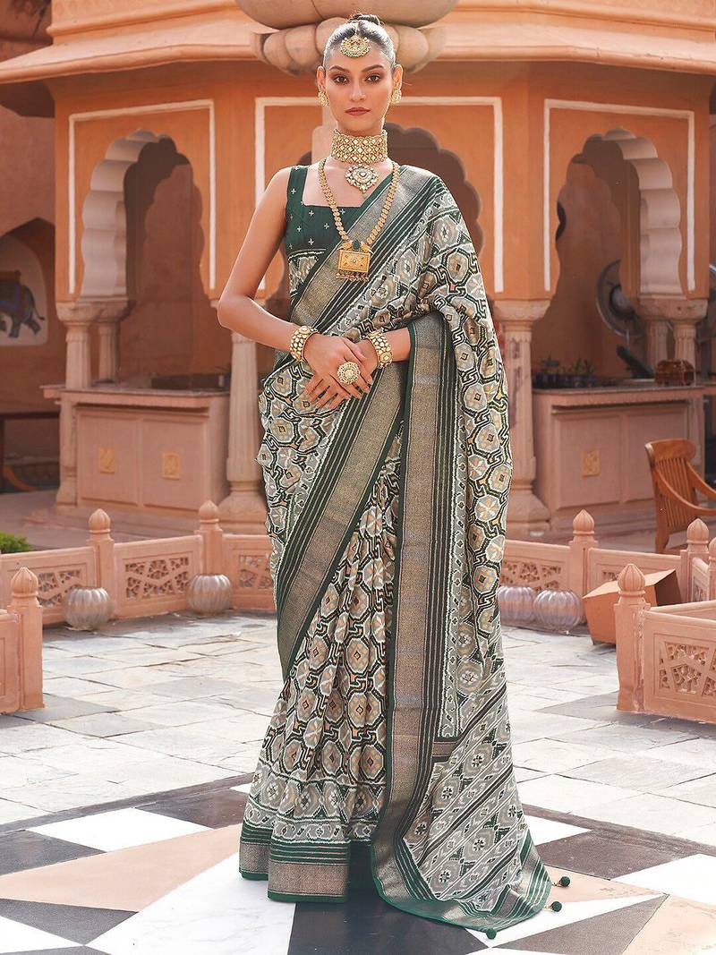 Grey ethnic motifs zari silk blend pochampally saree