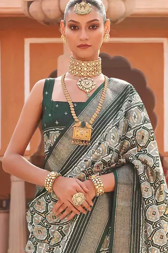 Grey ethnic motifs zari silk blend pochampally saree