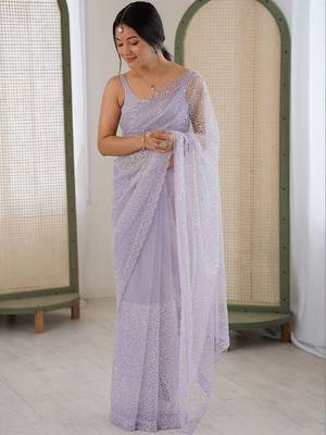 lavender embellished sequinned net heavy work saree 1