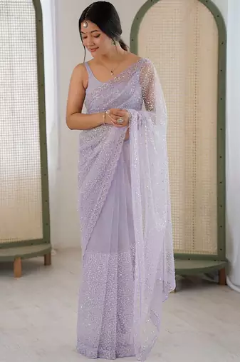 lavender embellished sequinned net heavy work saree