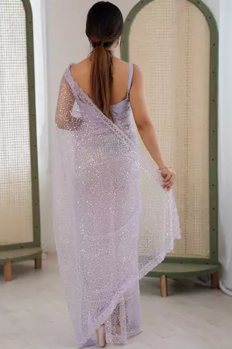 lavender embellished sequinned net heavy work saree