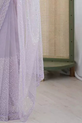 lavender embellished sequinned net heavy work saree