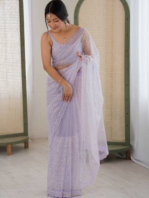 lavender embellished sequinned net heavy work saree 5
