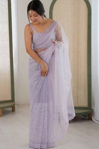lavender embellished sequinned net heavy work saree
