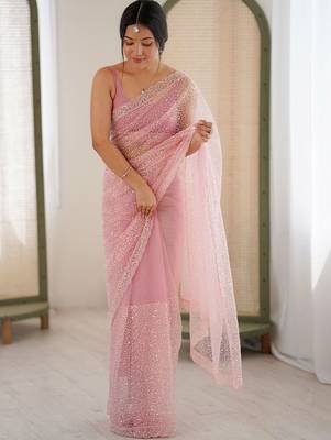 pink embellished sequinned net heavy work saree 1