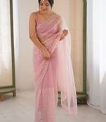 pink embellished sequinned net heavy work saree