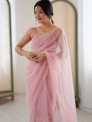 pink embellished sequinned net heavy work saree 2