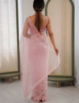 pink embellished sequinned net heavy work saree 3