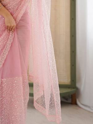 pink embellished sequinned net heavy work saree 4