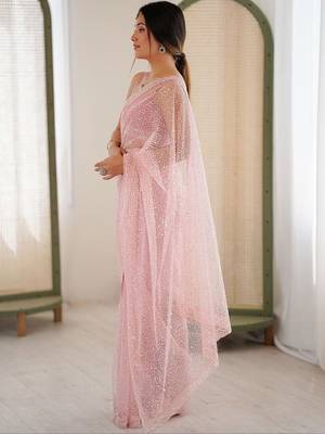 pink embellished sequinned net heavy work saree 5