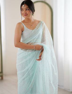 sea green embellished sequinned net heavy work saree 1