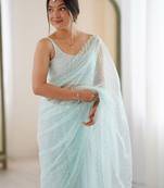 sea green embellished sequinned net heavy work saree