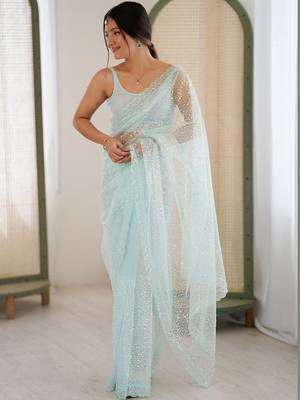 sea green embellished sequinned net heavy work saree 2