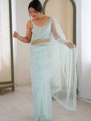 sea green embellished sequinned net heavy work saree 5