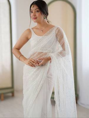 white embellished sequinned net heavy work saree 1