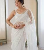 white embellished sequinned net heavy work saree