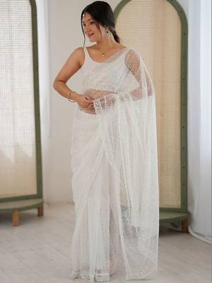 white embellished sequinned net heavy work saree 2