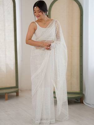 white embellished sequinned net heavy work saree 3