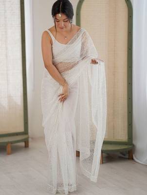 white embellished sequinned net heavy work saree 5