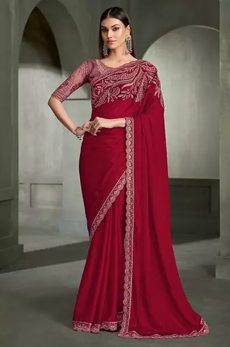 cherry red satin chiffon with banglori work blouse party wear saree