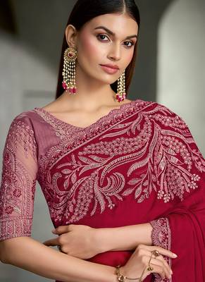 cherry red satin chiffon with banglori work blouse party wear saree 2