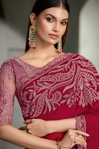 cherry red satin chiffon with banglori work blouse party wear saree