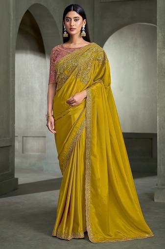 mustard mehndi crape with banglori work blouse party wear saree