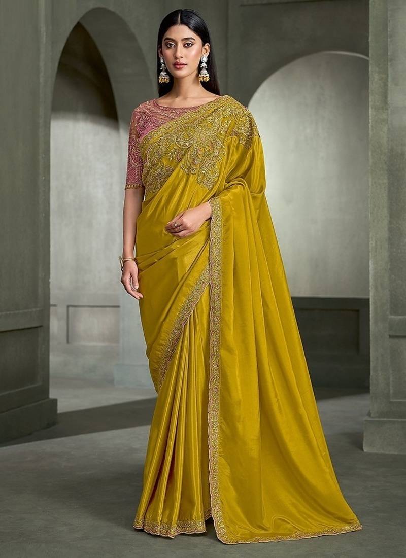mustard mehndi crape with banglori work blouse party wear saree