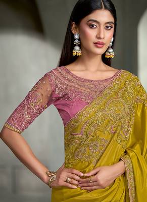 mustard mehndi crape with banglori work blouse party wear saree 2
