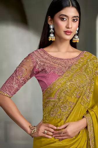 mustard mehndi crape with banglori work blouse party wear saree