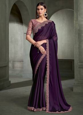 purple satin chiffon with banglori work blouse party wear saree 1
