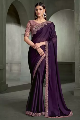 purple satin chiffon with banglori work blouse party wear saree