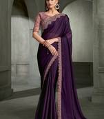 purple satin chiffon with banglori work blouse party wear saree