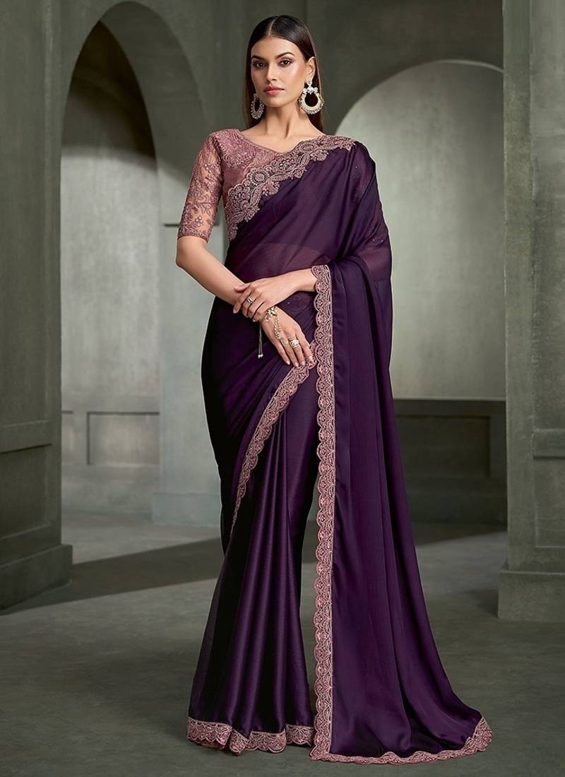 purple satin chiffon with banglori work blouse party wear saree