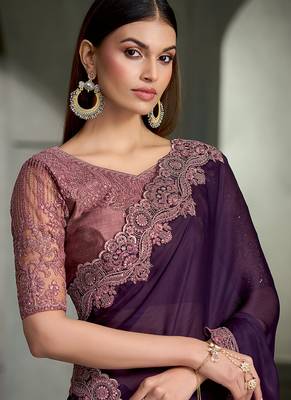 purple satin chiffon with banglori work blouse party wear saree 2
