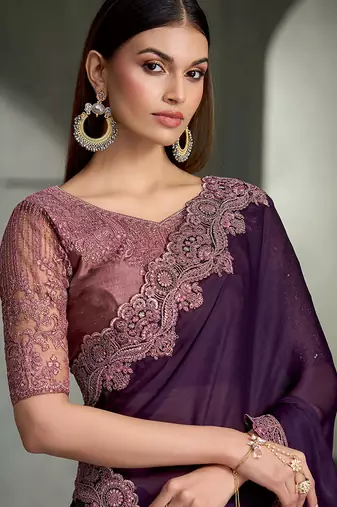 purple satin chiffon with banglori work blouse party wear saree