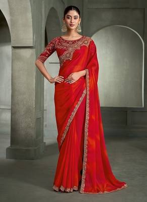 red & orange chiffon with georgette work blouse party wear saree 1