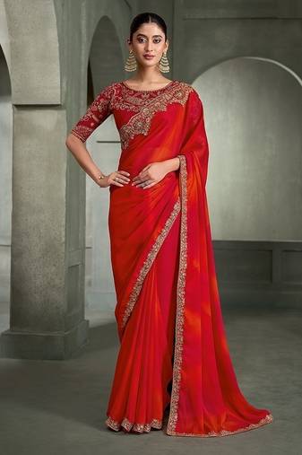 red & orange chiffon with georgette work blouse party wear saree