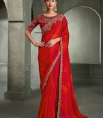 red & orange chiffon with georgette work blouse party wear saree