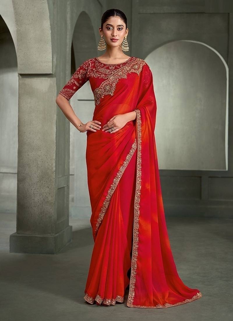 red & orange chiffon with georgette work blouse party wear saree