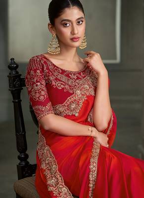 red & orange chiffon with georgette work blouse party wear saree 2