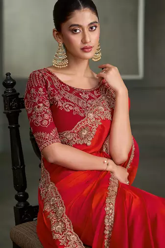 red & orange chiffon with georgette work blouse party wear saree