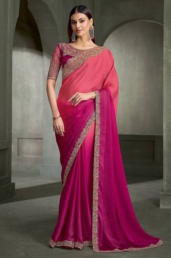shaded magenta satin chiffon banglori work blouse party wear saree