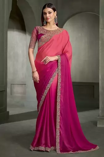 shaded magenta satin chiffon banglori work blouse party wear saree